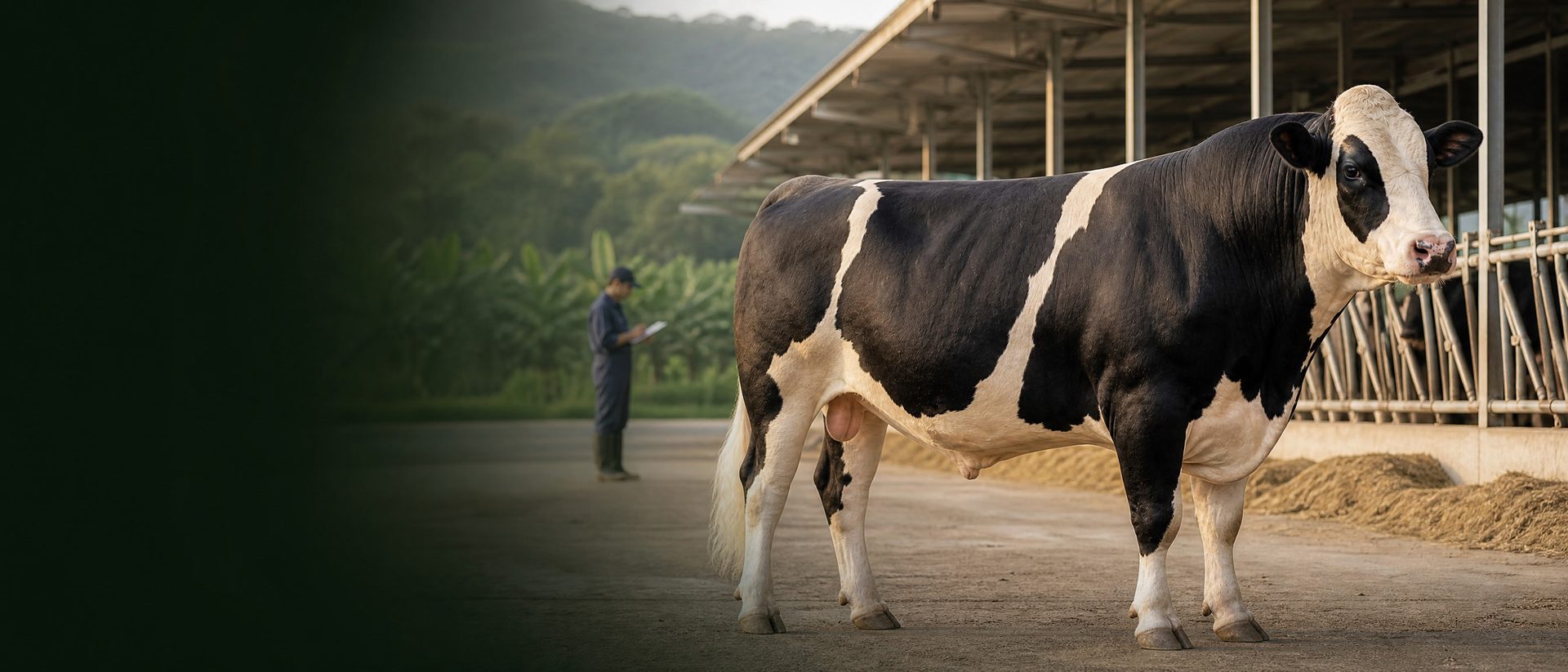 牛舍中一頭成熟的荷斯登公牛，飼養員在後方巡場