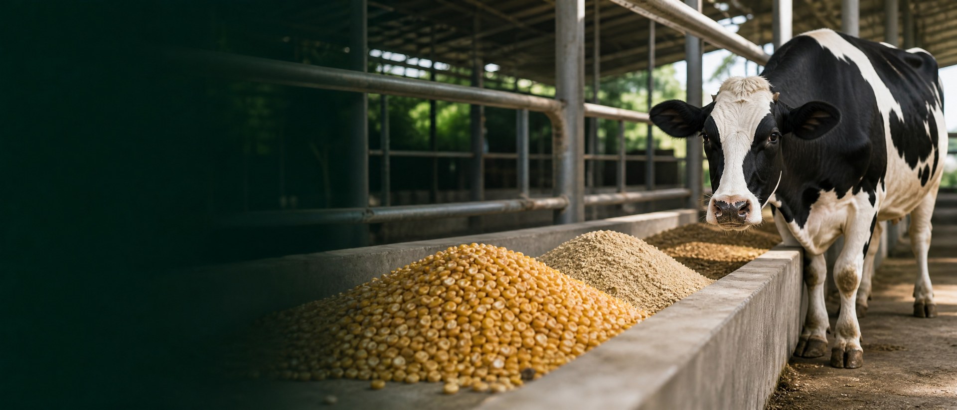 乳牛場飼料槽旁的荷斯登乳牛、玉米粒與黃豆粉